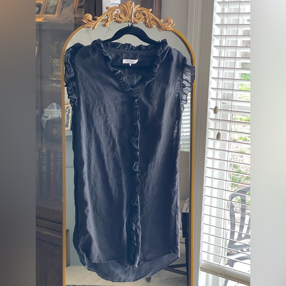 FRAME Womens Lauren Ruffled Ramie-gauze 100% Cotton Mini Dress In Black